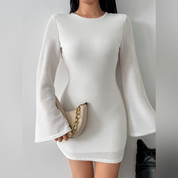 Backless Waffle Knit Flare Sleeve Mini Dress - Picture 5 of 11